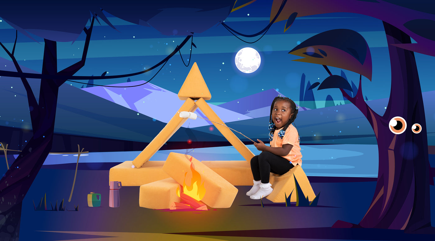 Kids playing on the yellow Banana Zonky campfire build illustration